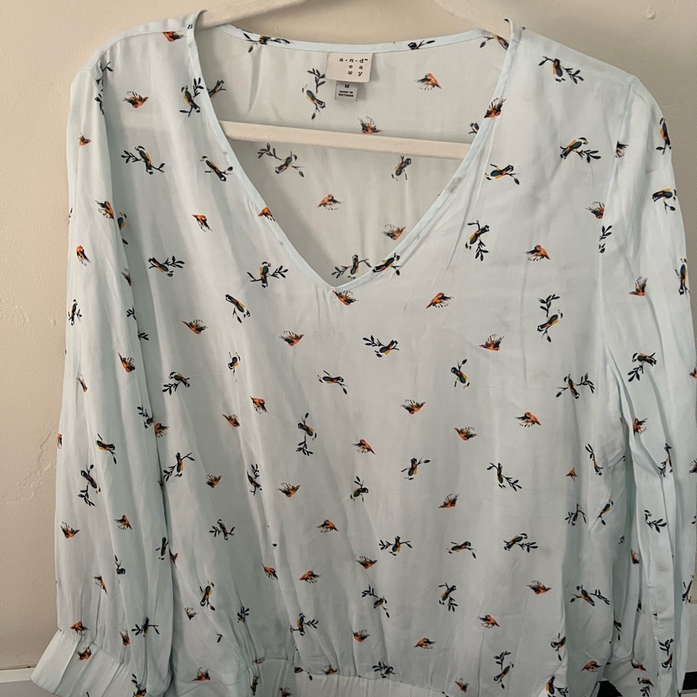 a new day Sky Blue Bird Print Blouse